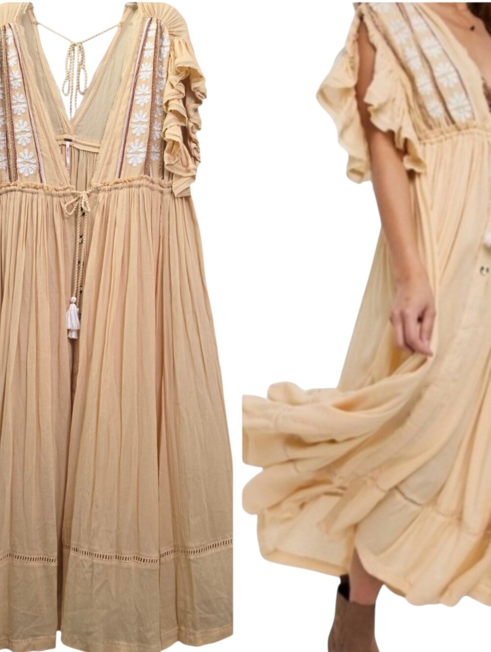 Nwot Free People Will Wait For You Golden Gauzy Flutter Sleeve Boho Midi Dress - Picture 1 of 16